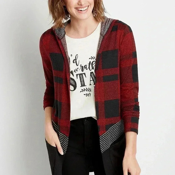 Maurice’s Women’s Buffalo Plaid Block Drape Front Hooded Cardigan - Picture 2 of 5
